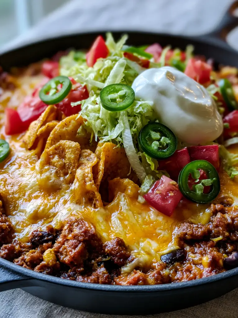 Walking Taco Casserole: The Ultimate Cheesy Skillet Dinner 1 Angled view of a Walking Taco Casserole in a matte black cast iron skillet with vibrant jalapenos and a dollop of sour cream.