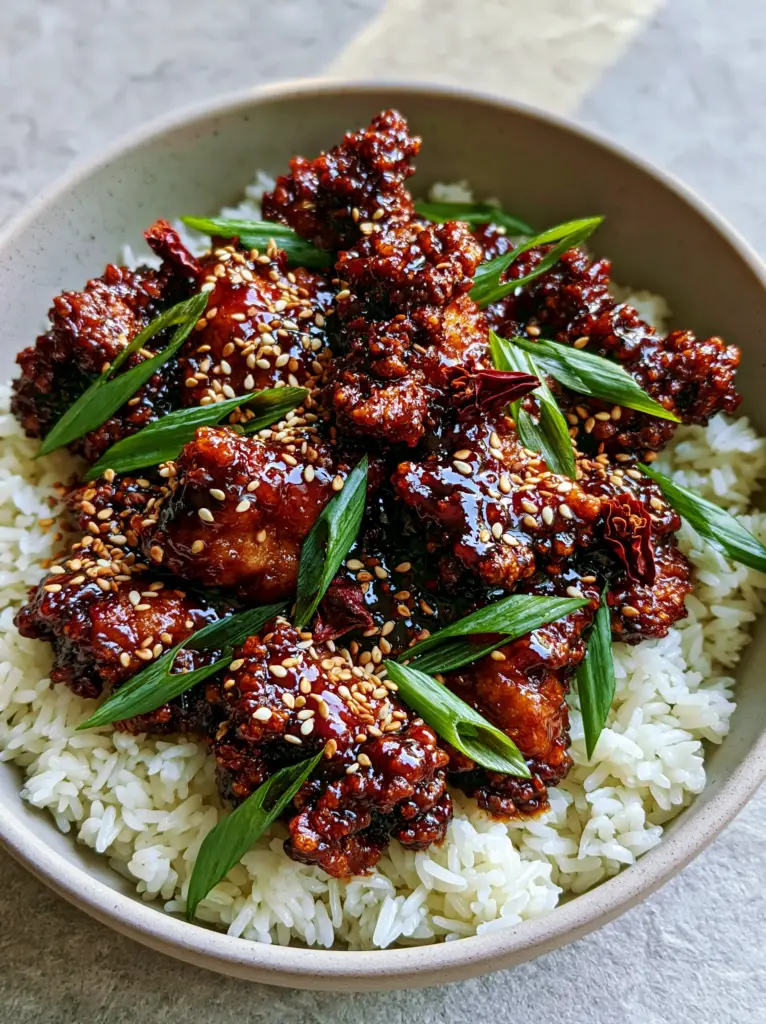 Close-up of General Tso's Chicken showing the high-mirror shine of the dark amber glaze and the craggy texture of the fried chicken pieces. (General Tso's Chicken)