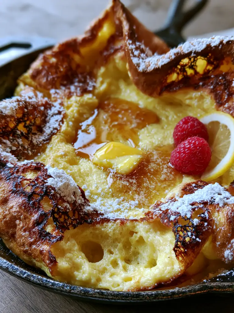 Extreme close-up of a German pancake with powdered sugar and a melting butter pool. (German pancake recipe)