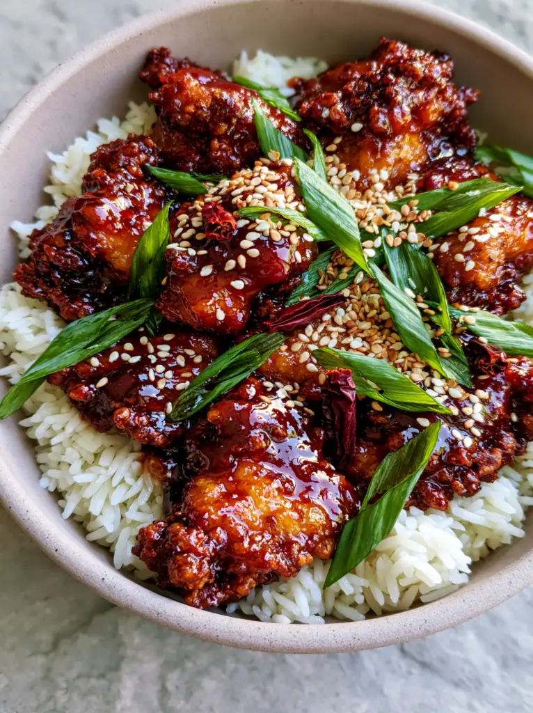 General Tso's Chicken: The Ultimate Shatter-Crisp Takeout Secret 1 A handheld smartphone photo of General Tso's Chicken in a matte bowl, highlighting the vibrant green onions and dried red chili pods garnish.