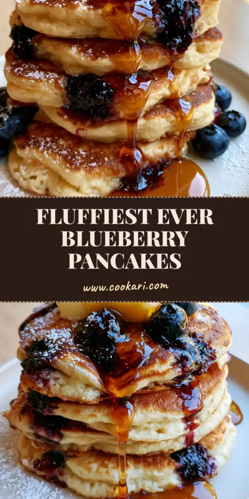 Blueberry Pancakes Recipe: The Ultimate Thick and Fluffy Buttermilk Stack 4 A towering stack of five blueberry pancakes with a melting salted butter pat and cascading maple syrup. (blueberry pancakes recipe)