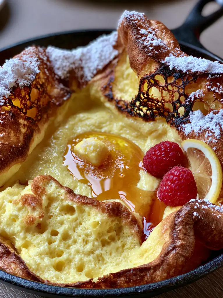 German pancake recipe: The Ultimate Guide to a Tall, Crispy Dutch Baby 1 A tall German pancake with charred lace patterns on the edges and a pale yellow custard center.