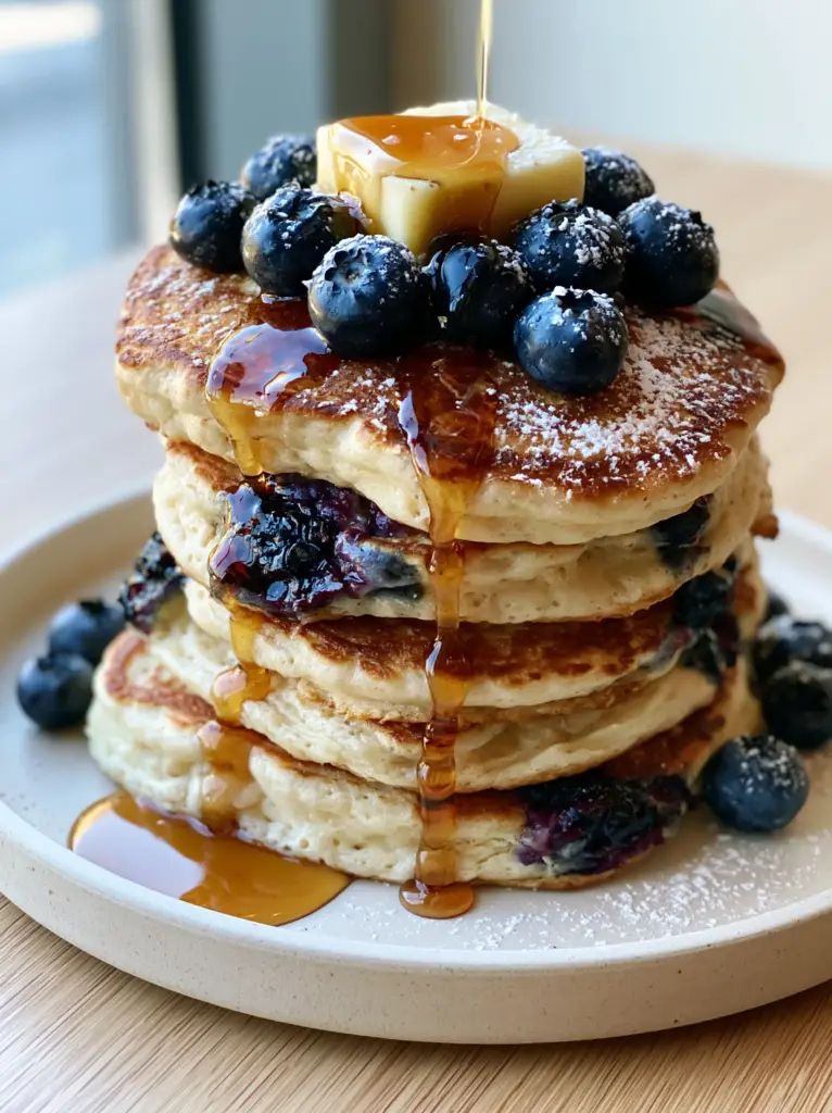 Side view of ultra-thick buttermilk pancakes showing the pillowy loft and scattered berries. (blueberry pancakes recipe)