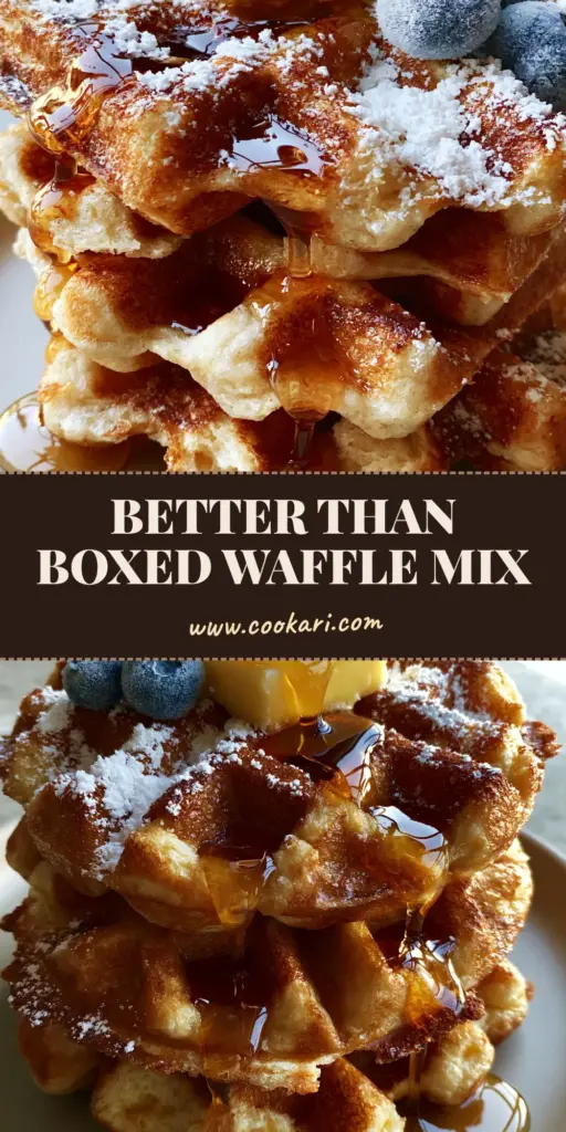 Waffle Mix Recipe: How to Make Crispy, Deep-Pocketed Belgian Waffles 4 A tall stack of four deep-pocketed Belgian waffles topped with a melting salted butter square, maple syrup pour, and fresh blueberries. (waffle mix recipe)