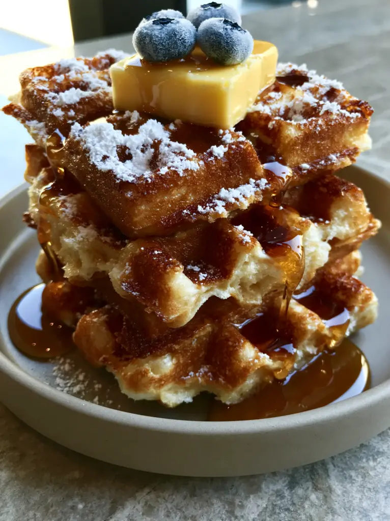 Close up macro shot of amber maple syrup cascading down the sides of a golden-brown Belgian waffle. (waffle mix recipe)