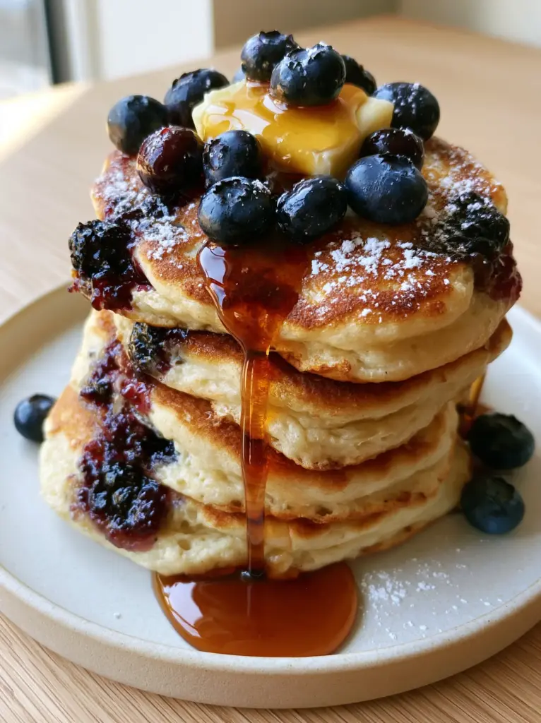 Blueberry Pancakes Recipe: The Ultimate Thick and Fluffy Buttermilk Stack 1 Close-up of amber maple syrup dripping down a stack of golden-brown blueberry pancakes.