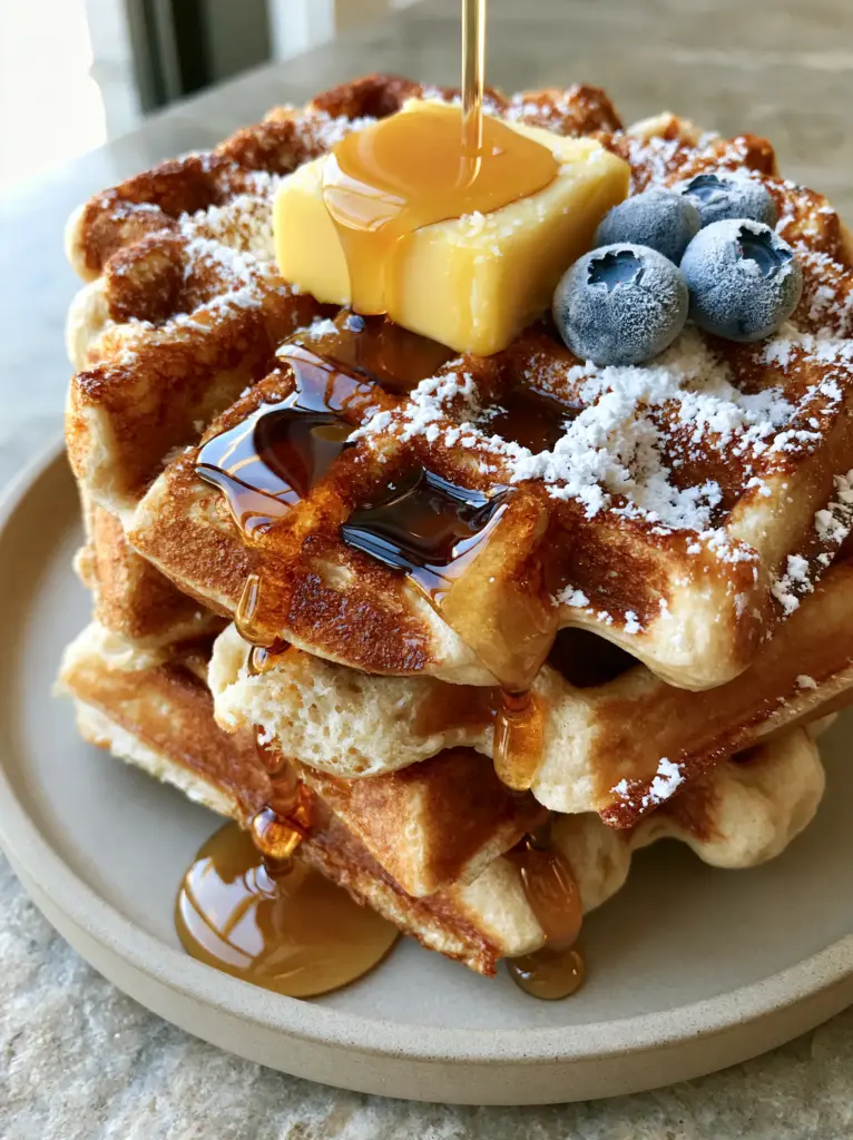 Waffle Mix Recipe: How to Make Crispy, Deep-Pocketed Belgian Waffles 1 Four Belgian waffles on a matte ceramic plate with three plump blueberries and a dusting of powdered sugar. (waffle mix recipe)