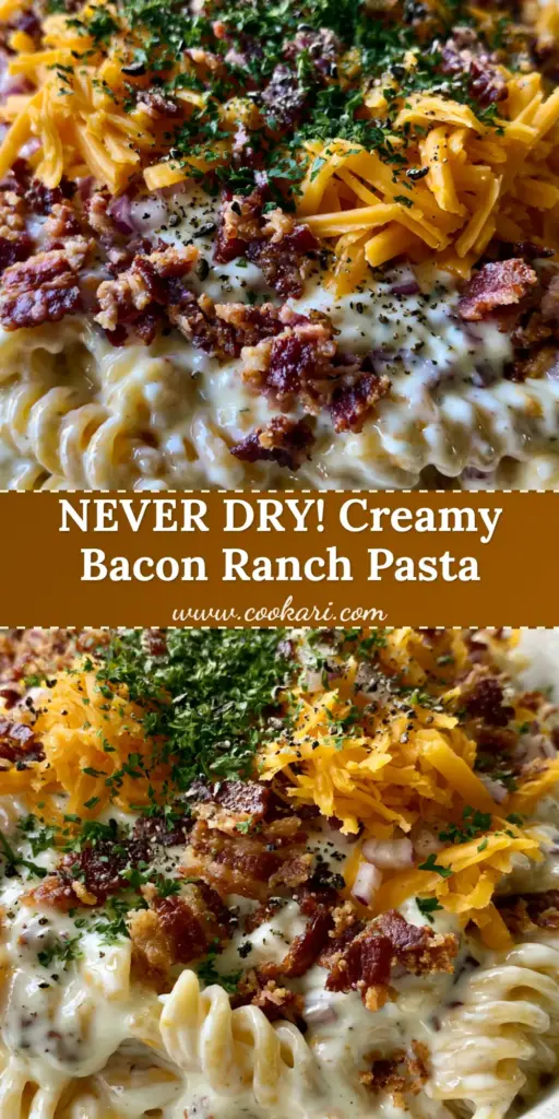 A top-down view of Bacon Ranch Pasta Salad in a rustic bowl featuring glossy ranch dressing, mahogany bacon crumbles, and bright orange cheddar.