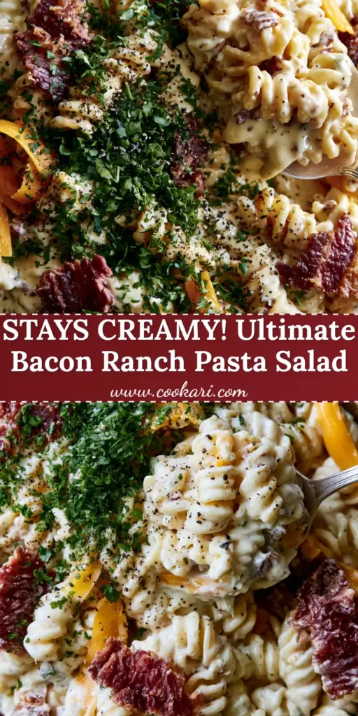 A close-up shot of ranch pasta salad in a wooden bowl with a silver spoon lifting a creamy portion. (ranch pasta salad)