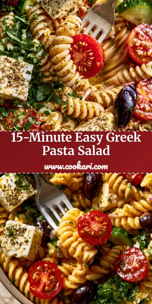 A vibrant Summer Pasta Salad in a matte bowl featuring rotini, chunky feta, cherry tomatoes, and Kalamata olives in a glossy dressing.