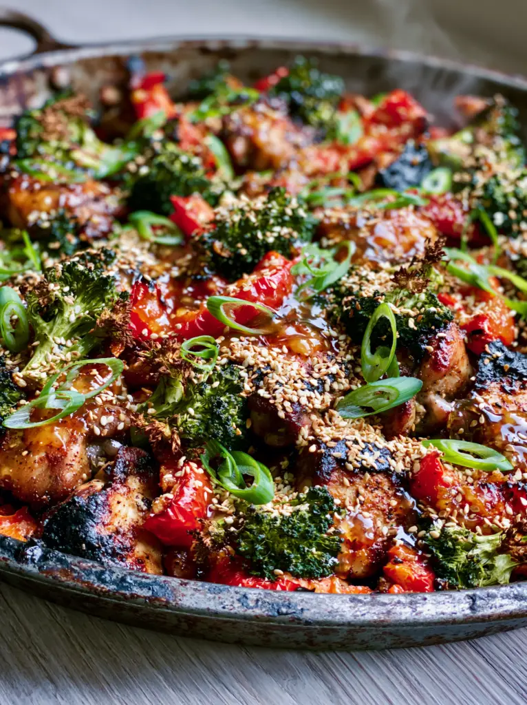 Lazy Dinners: One-Pan Honey Garlic Chicken with Charred Broccoli 1 Macro shot of honey garlic chicken with sesame seeds and scallion rings for Lazy Dinners.