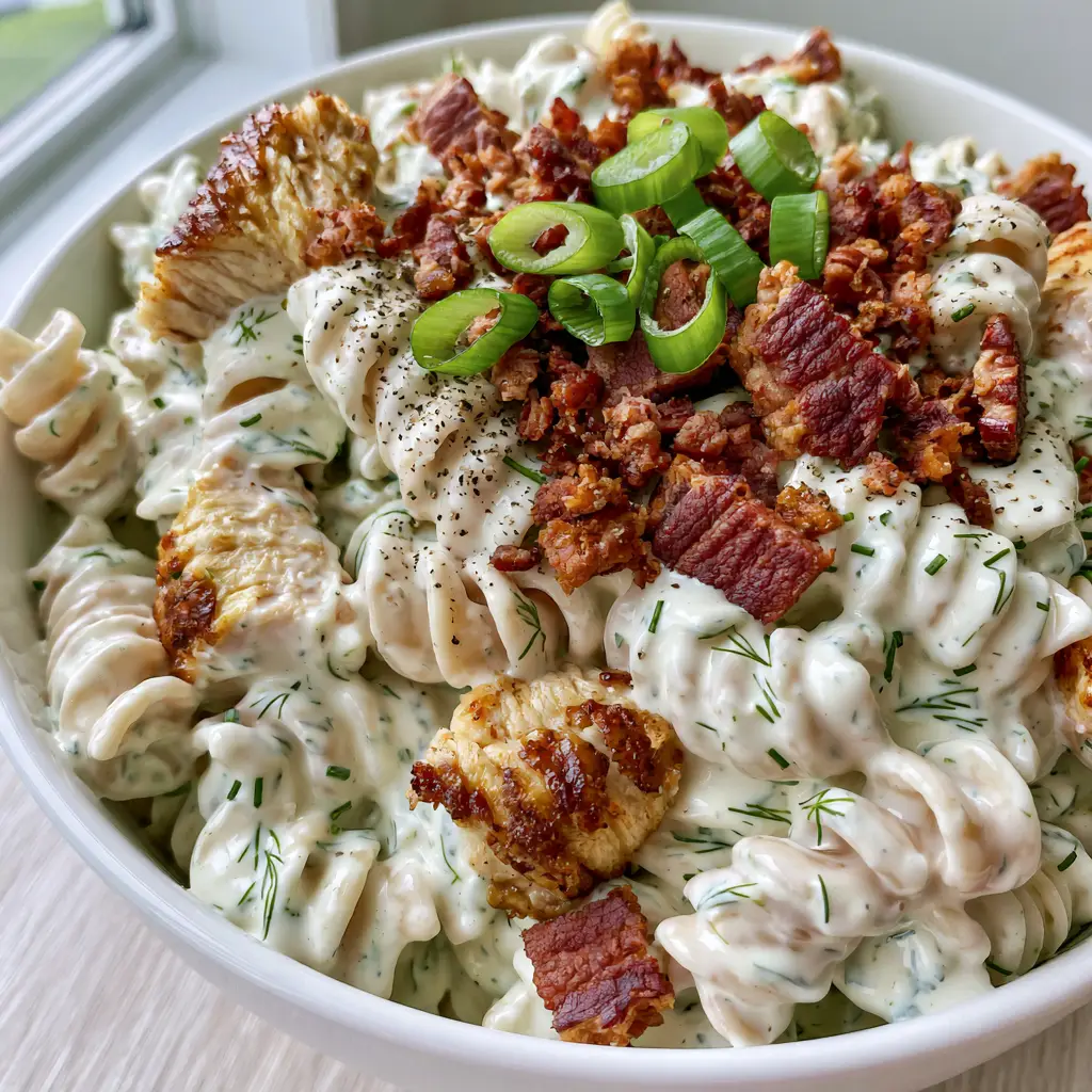 Close-up of seared chicken chunks and crispy bacon in a Chicken bacon ranch pasta salad.