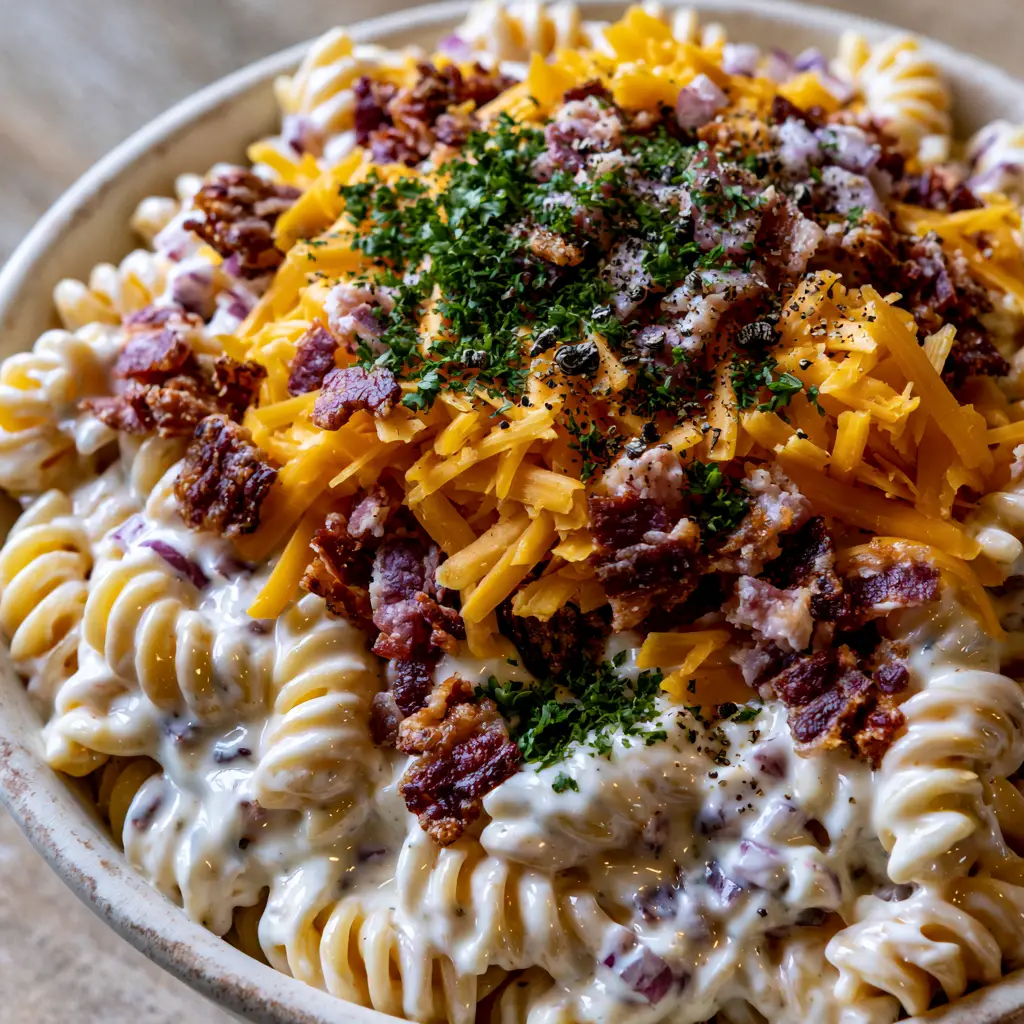 High-angle shot of Bacon Ranch Pasta Salad with mounds of sharp orange cheddar and mahogany bacon bits.