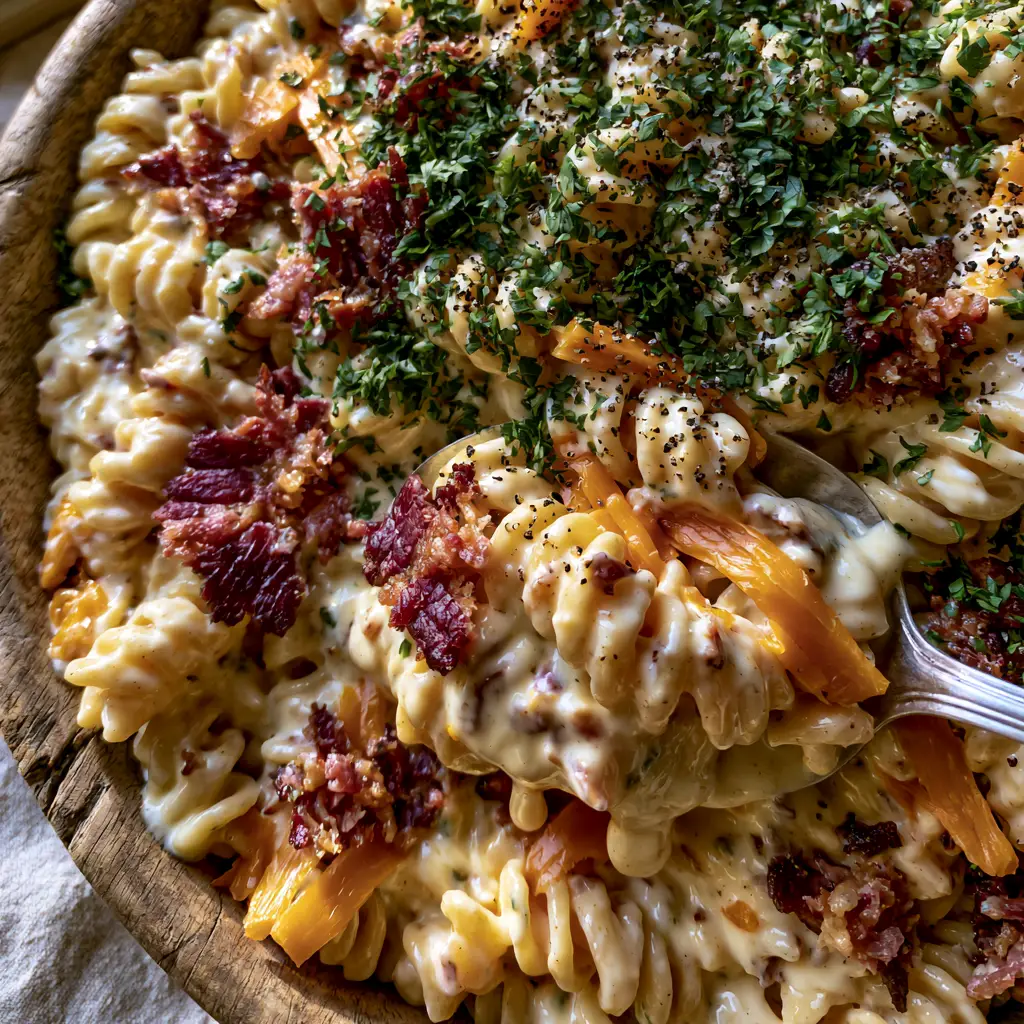 Rustic wooden bowl filled with ranch pasta salad featuring deep-red bacon and orange cheddar shreds.