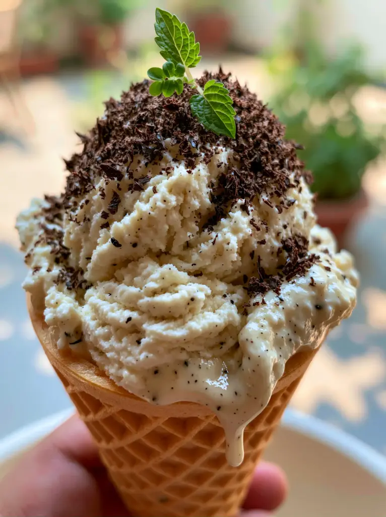 Eiscreme Rezepte: The Ultimate Velvet Vanilla Bean and Dark Chocolate Waffle Cone 1 Artisanal ice cream scoop melting slightly in a sun-drenched garden setting.