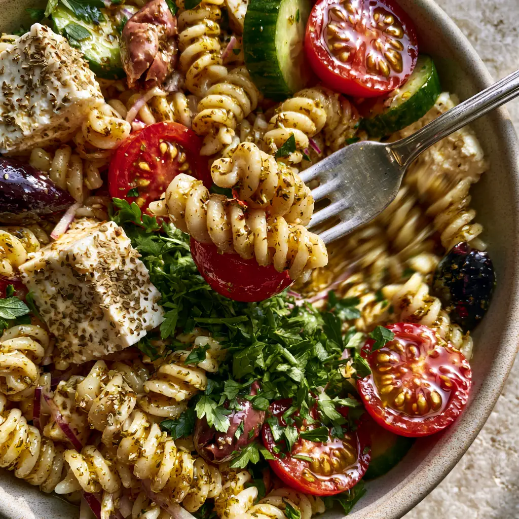 A silver fork lifting a cluster of Summer Pasta Salad with glistening dressing and fresh herbs.
