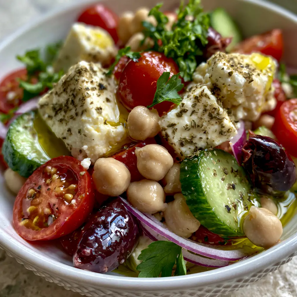 Side-lit photo of Mediterranean Feta Salad with matte chickpeas, thick cucumber slices, and thin red onion slivers.