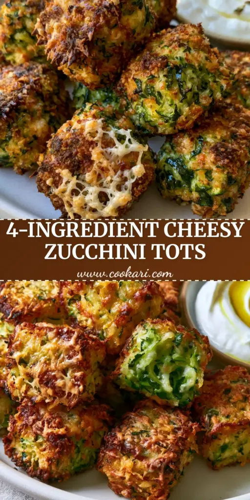 A close-up pile of Cheesy Baked Zucchini Tots with a golden-brown toasted parmesan crust and visible emerald zucchini shreds next to a yogurt dip.