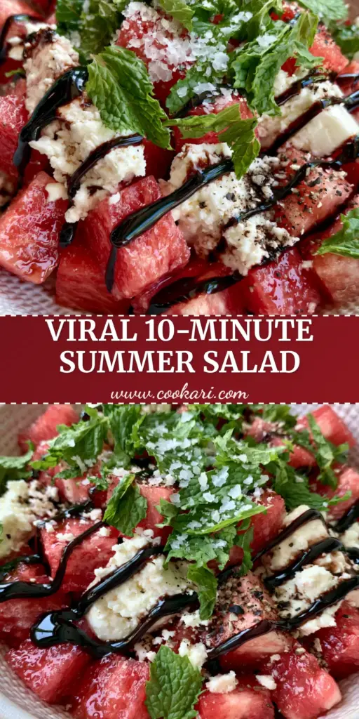 A top-down view of a Watermelon Feta Salad with glossy balsamic glaze and torn mint in a white bowl.