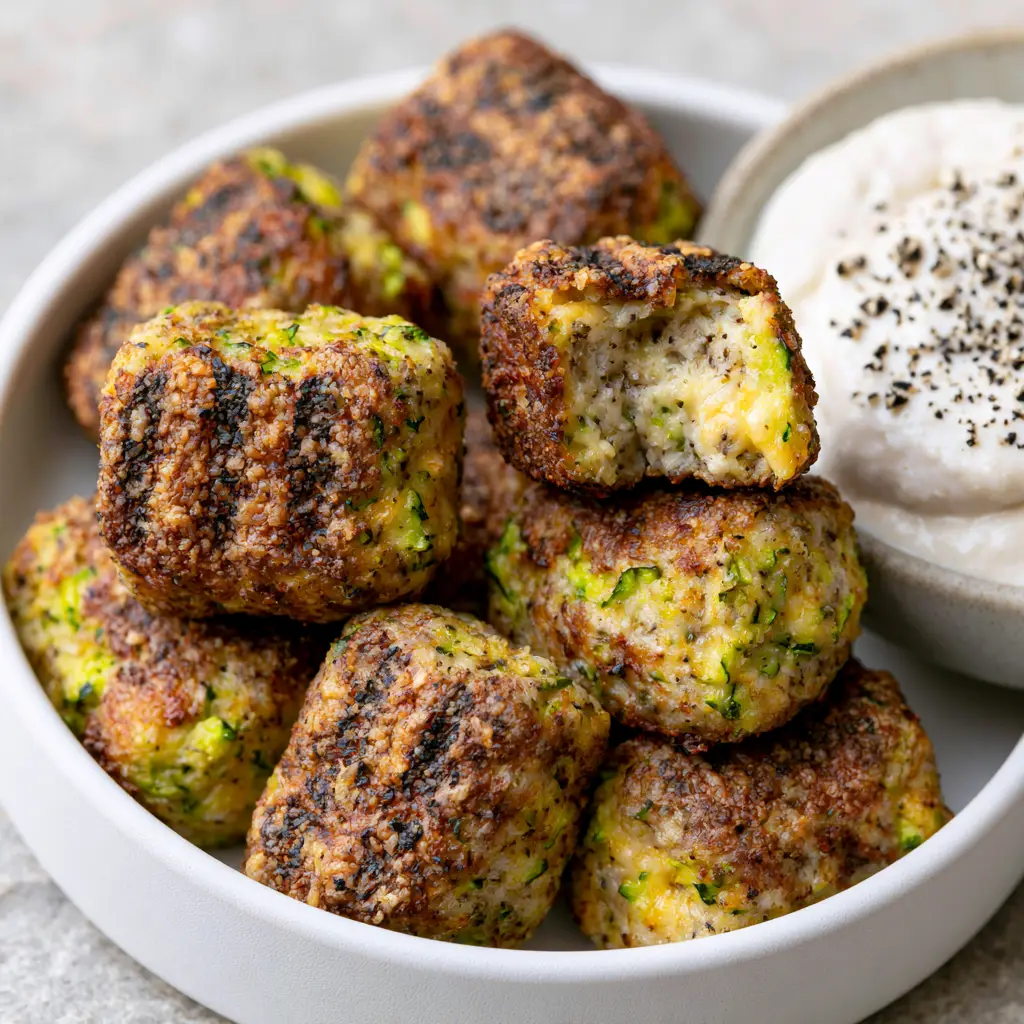 Cheesy Zucchini Tots: The Ultimate Crispy Air-Fried Snack with Garlic Aioli 2 Extreme macro shot of golden-brown zucchini tots showing charred parmesan ridges and bright green zucchini flecks.