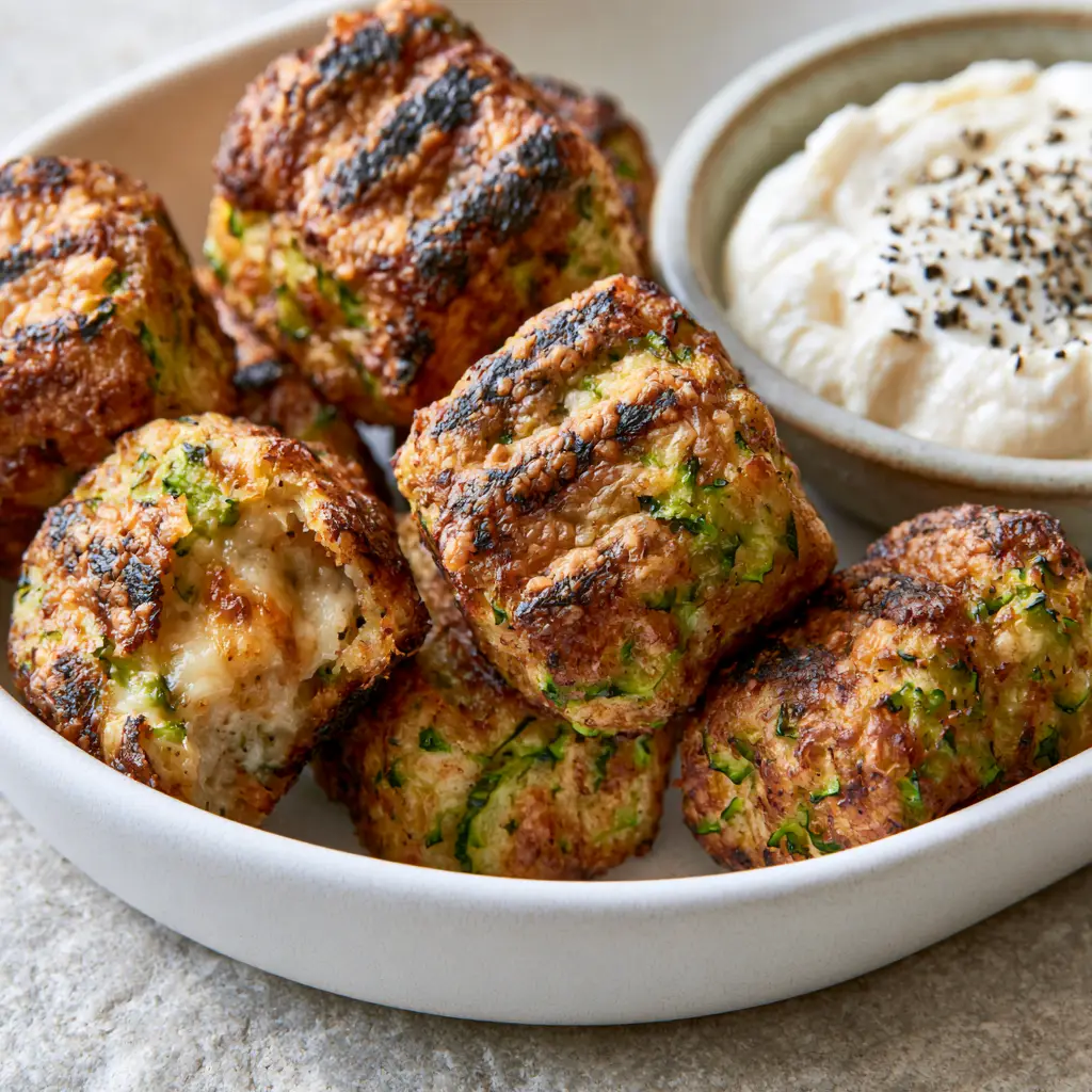 Cheesy Zucchini Tots: The Ultimate Crispy Air-Fried Snack with Garlic Aioli 1 One cheesy zucchini tot broken open to reveal a moist, cheesy interior against a light grey stone background.