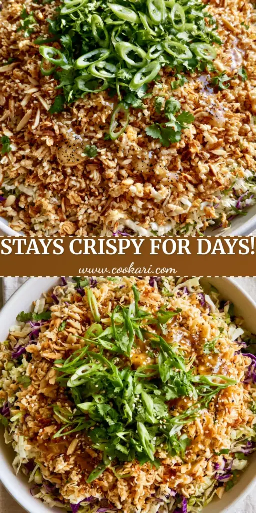 A top-down view of a vibrant ramen salad in a white bowl with toasted noodles, purple cabbage, and cilantro garnish.