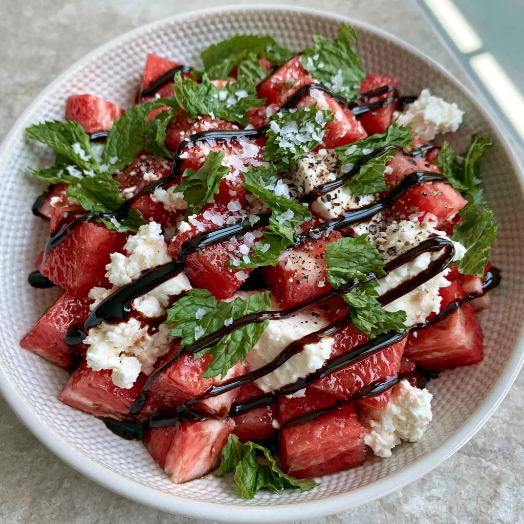 Close up of thick glossy balsamic glaze ribbons over a Watermelon Feta Salad.