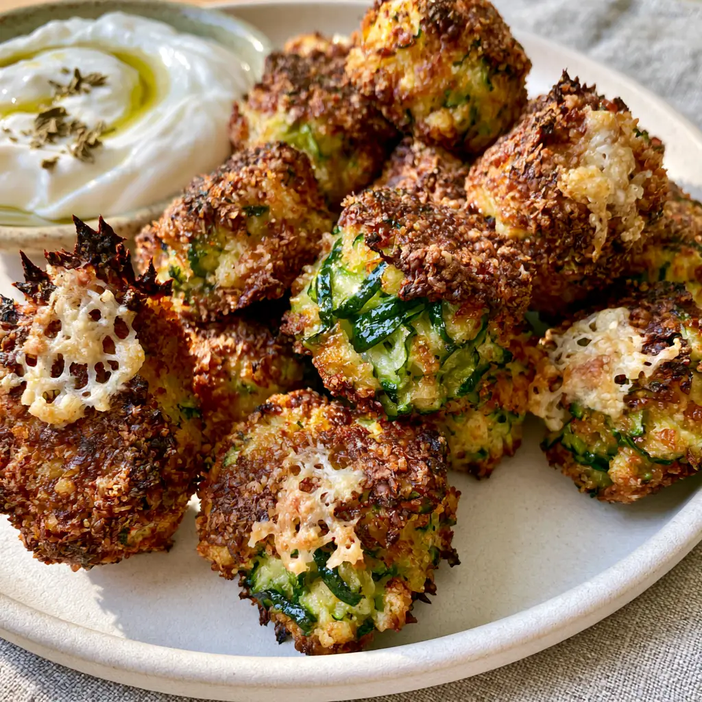 Close-up of crispy zucchini tots with a side of thick Greek yogurt dip swirled with olive oil and oregano.