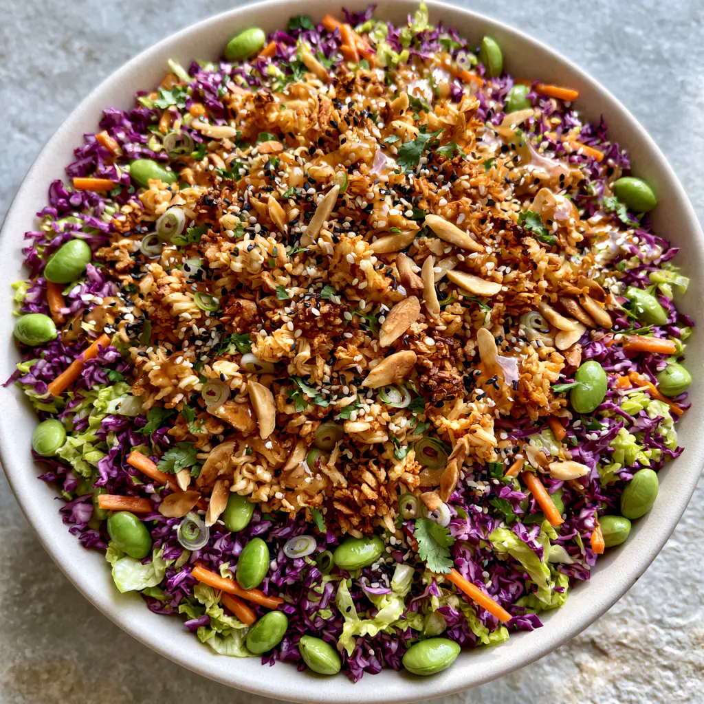 Close-up of toasted ramen noodles and black sesame seeds on top of a vibrant Asian ramen salad.