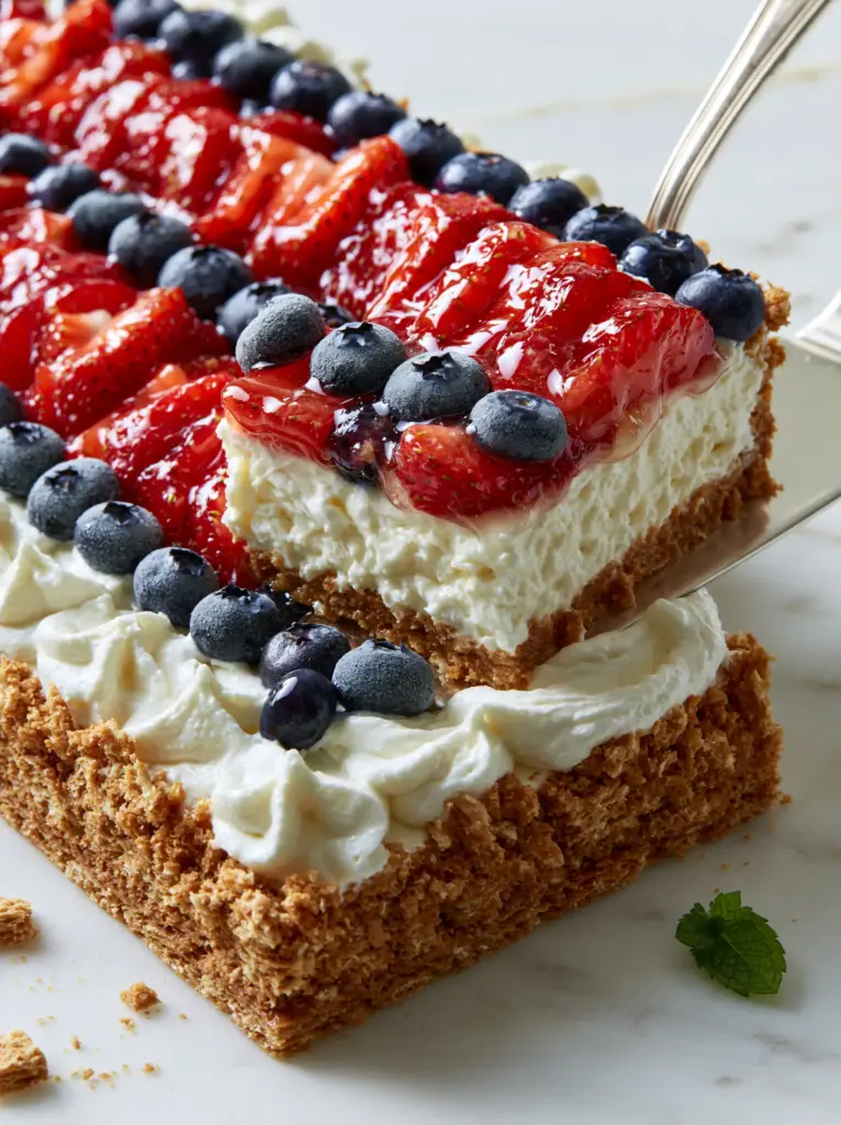 4th of July Pie: The Ultimate Red, White, and Blue Slab Pie 1 A silver server lifting a square slice of 4th of July pie revealing sharp layers and glistening fruit.