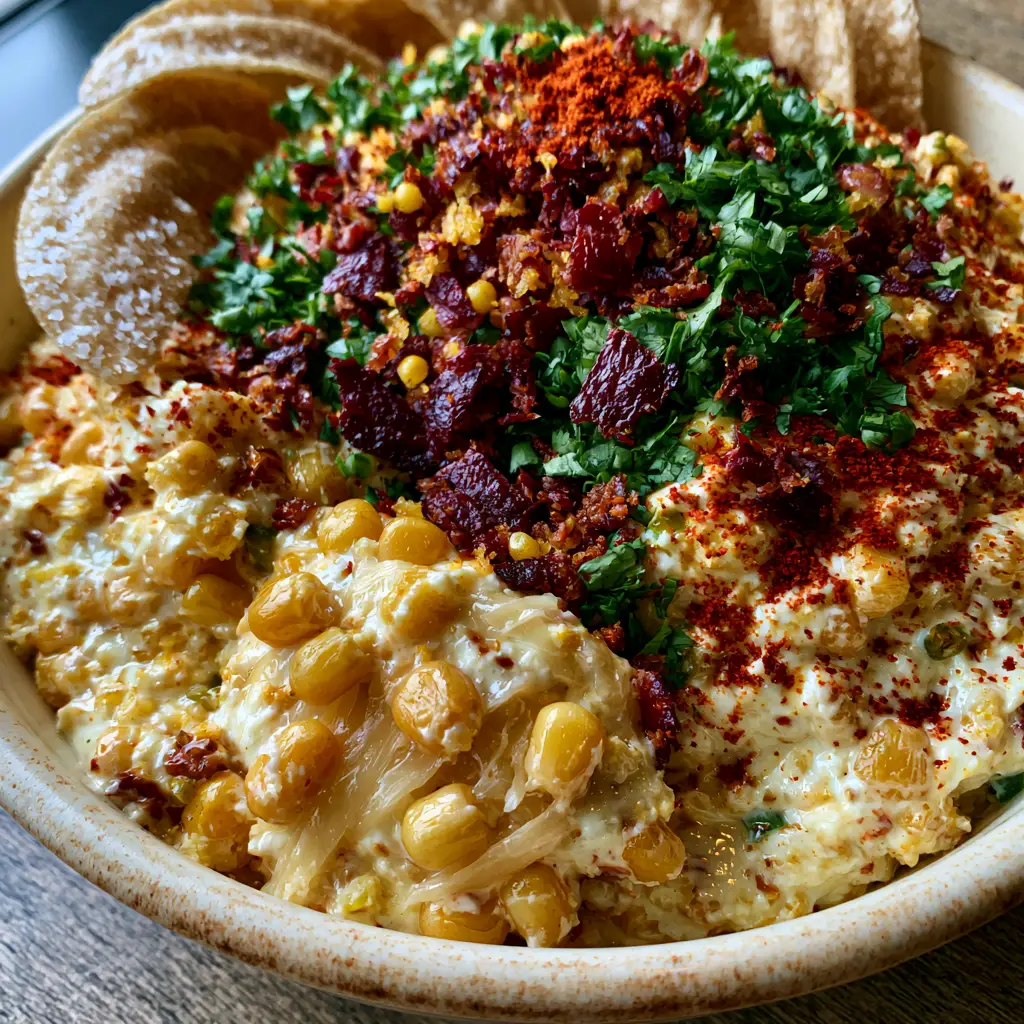 A handheld smartphone photo showing thick salty corn chips dipped into a rustic bowl of corn dip garnished with paprika and cilantro.
