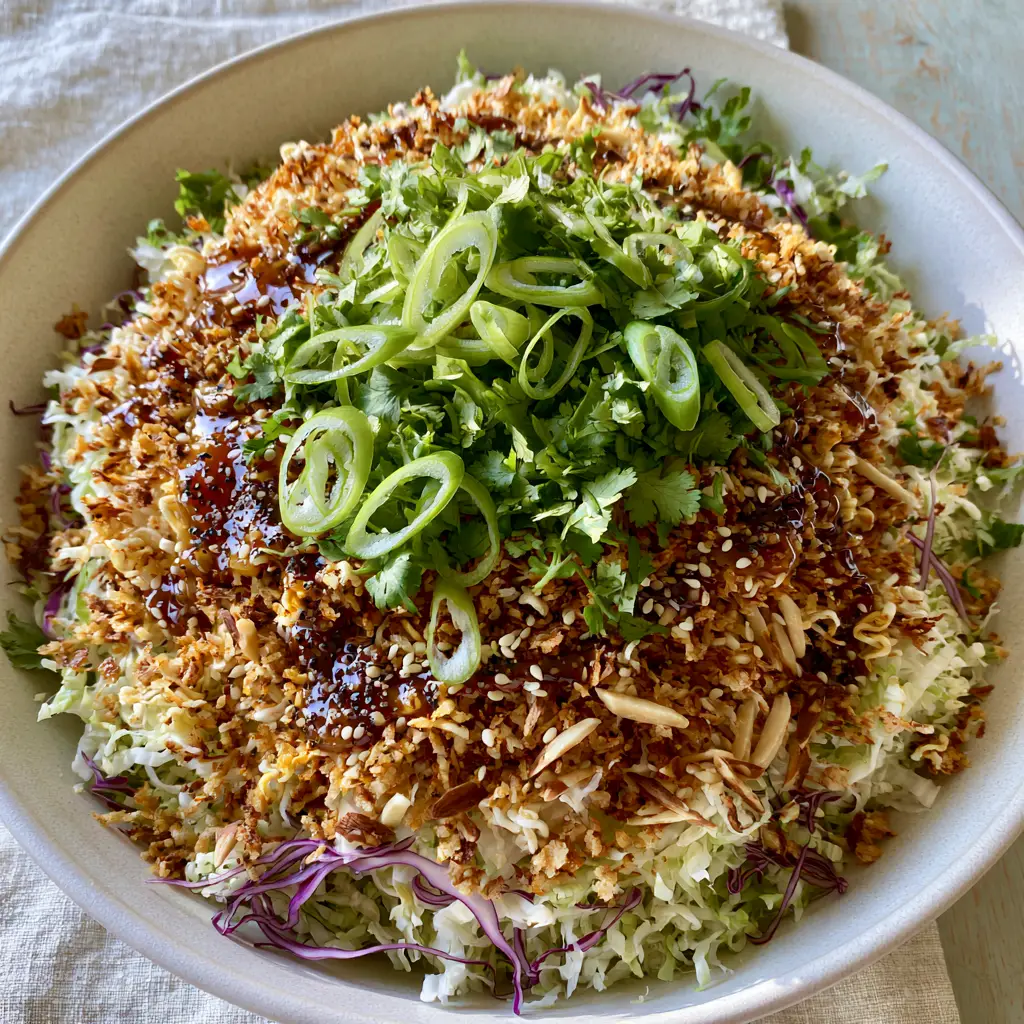 Close-up of toasted ramen noodles and glossy ginger dressing on a ramen salad.