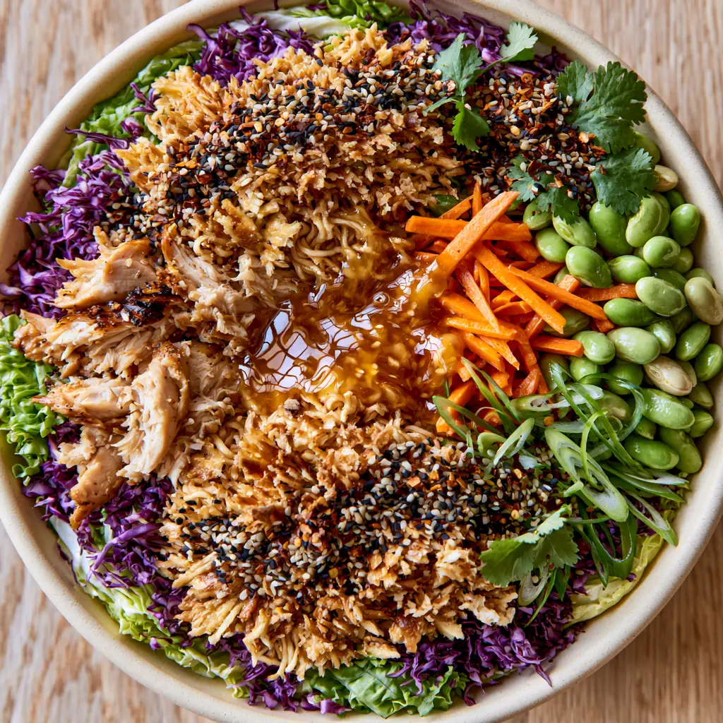 A wide matte ceramic bowl filled with Ramen noodle chicken salad, garnished with sesame seeds and cilantro on a wood background.