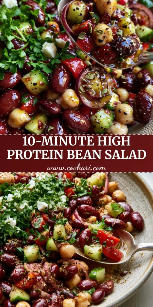 A vibrant Mediterranean cold bean salad in a textured bowl with a silver spoon lifting a scoop, showcasing kidney beans, chickpeas, and feta. (cold bean salad)