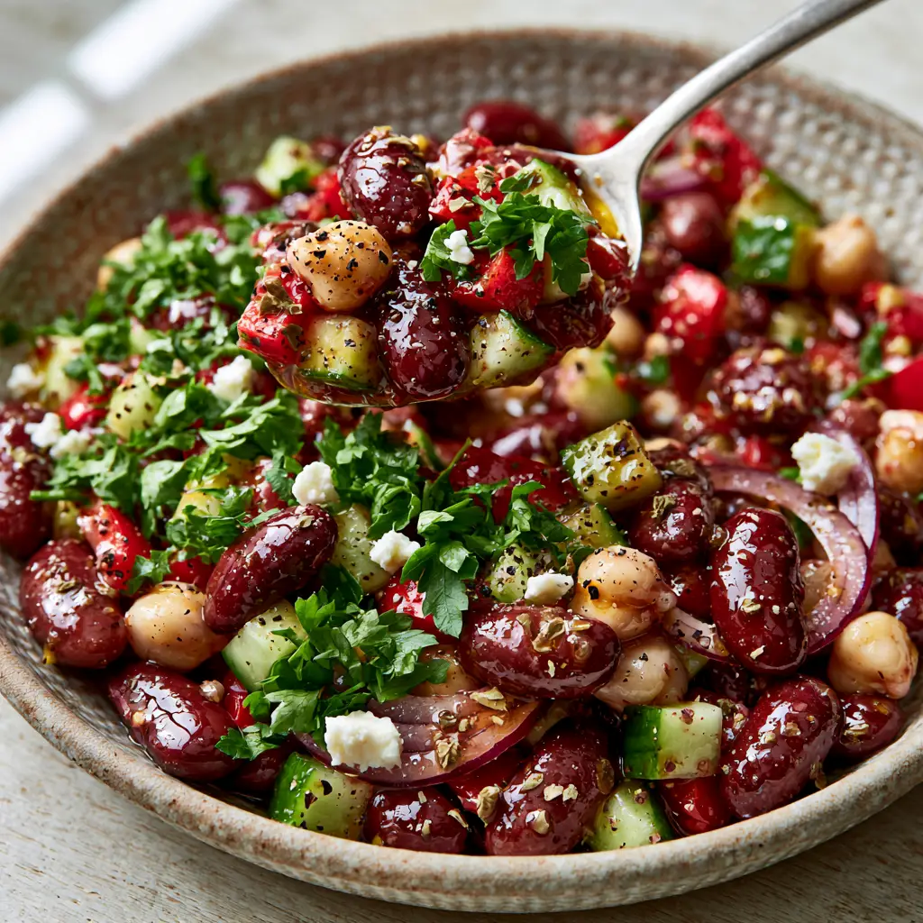 Close-up of small-diced English cucumbers and red bell peppers mixed with glistening kidney beans and feta. (cold bean salad)