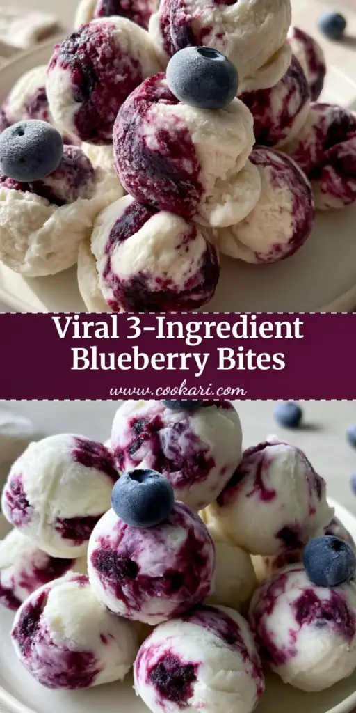 Blueberry Greek Yogurt Bites: The Ultimate Creamy Frozen Superfood Snack 4 A pile of spherical Blueberry Greek Yogurt Bites on a white plate with marbled purple swirls and frost-dusted whole blueberries.