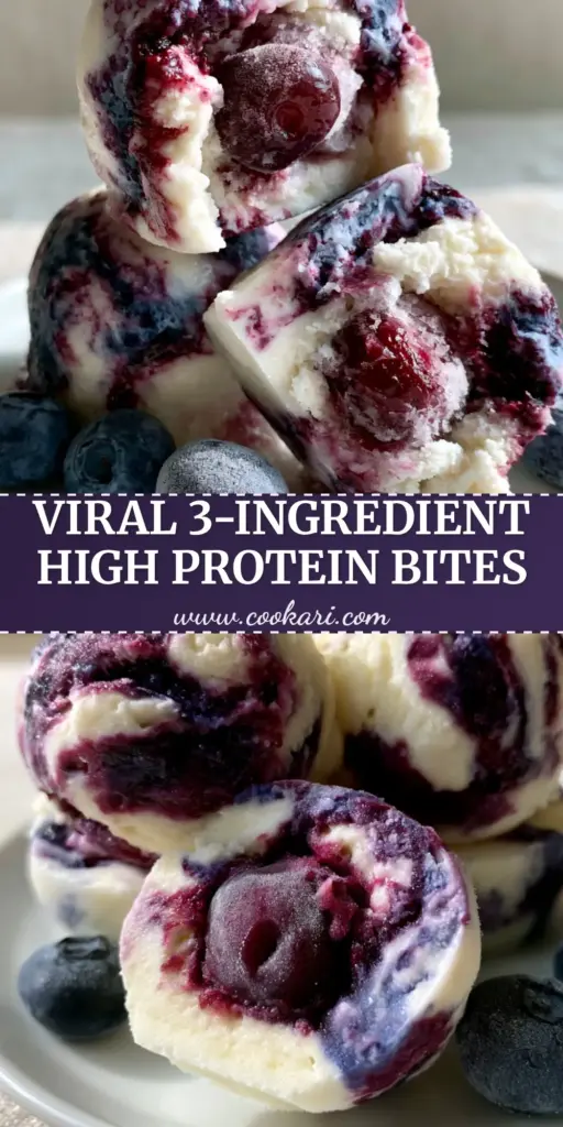 A vertical Pinterest-style graphic featuring stacked spherical blueberry Greek yogurt bites with indigo marbling. (blueberry Greek yogurt bites)