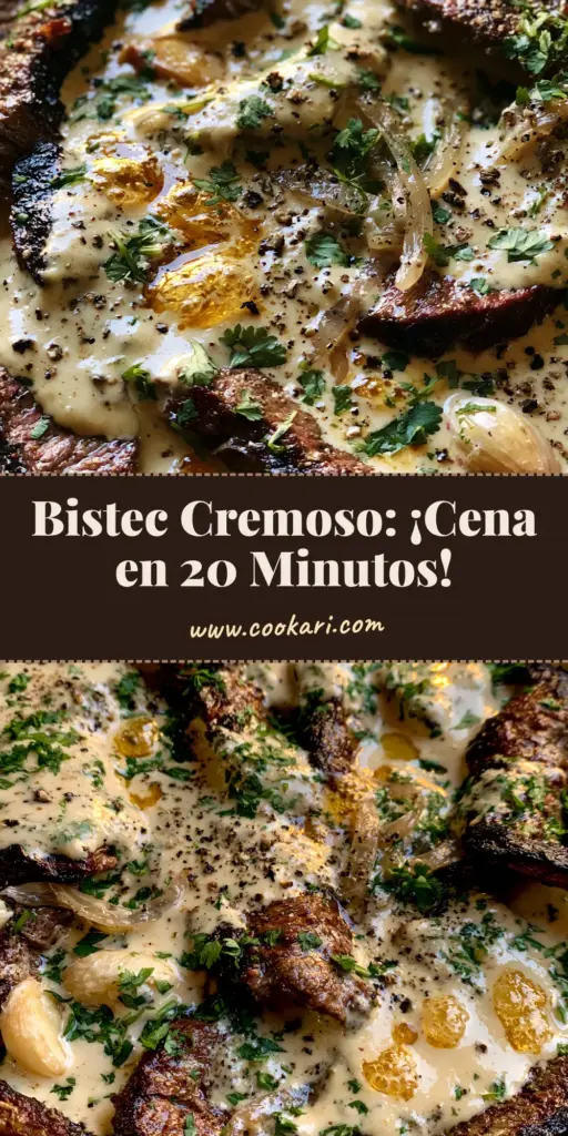 Bistec con Salsa Cremosa: The Ultimate Garlic Cream Steak in a Cast Iron Skillet 4 A rustic black cast iron skillet filled with seared beef strips and a glossy ivory garlic cream sauce. (bistec con salsa cremosa)