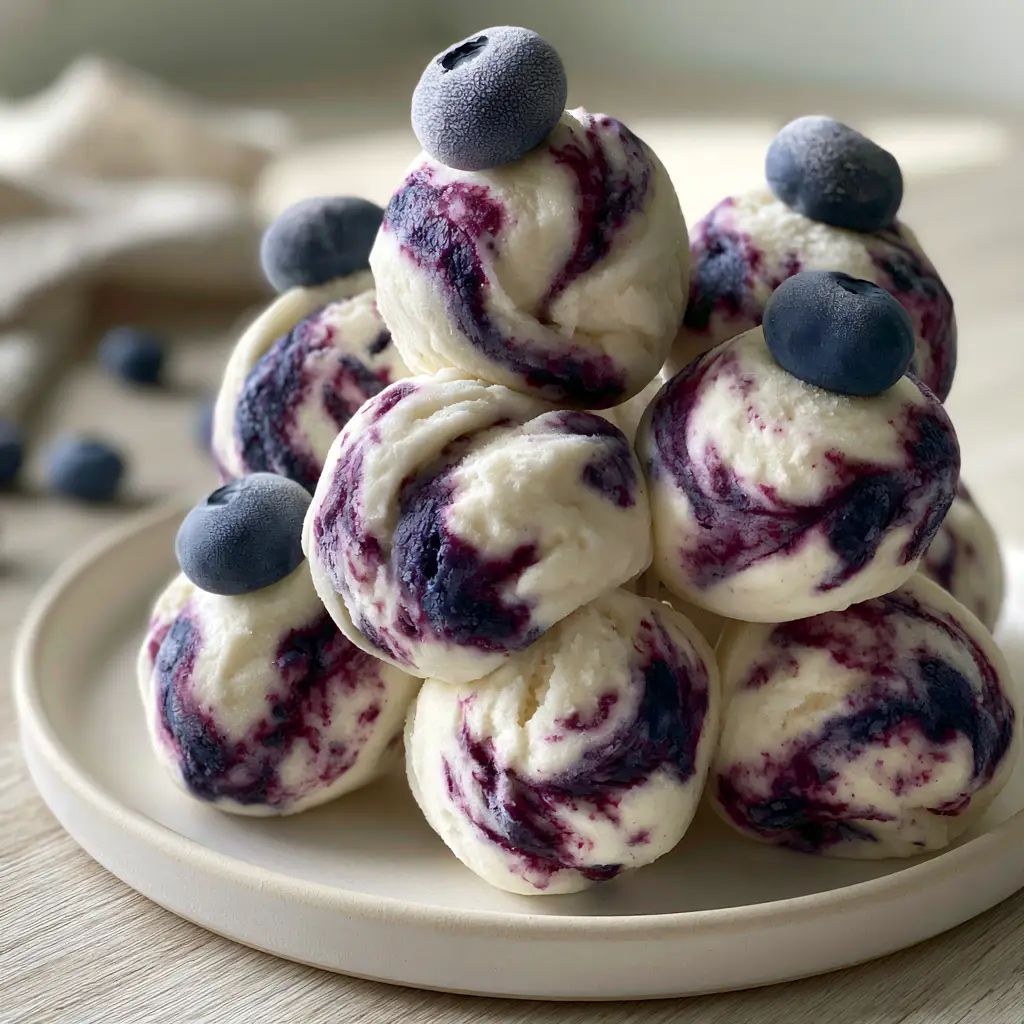 Macro photo of spherical Blueberry Greek Yogurt Bites showing vivid deep-purple marble swirls and a creamy white base.