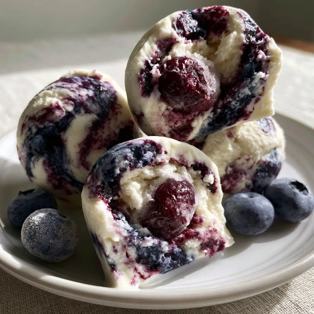 A macro, eye-level close-up of three spherical frozen blueberry Greek yogurt bites stacked artfully on a white ceramic plate with deep violet swirls. (blueberry Greek yogurt bites)