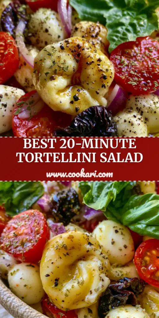 A close-up shot of Italian Tortellini Pasta Salad in a stoneware bowl with mozzarella pearls and basil. (Italian Tortellini Pasta Salad)