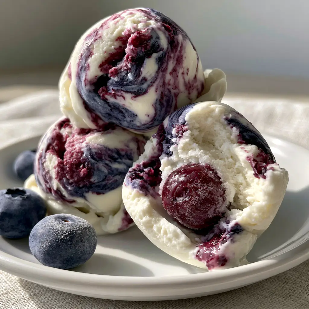 A spherical frozen yogurt bite sliced in half to reveal a juicy whole blueberry center surrounded by marbled layers. (blueberry Greek yogurt bites)