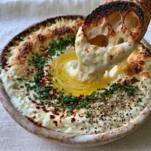 A close-up smartphone photo of bubbling hot cheese dip with chives and red chili flakes in a rustic ceramic bowl. (Dip Recipes)
