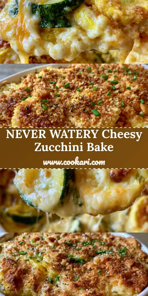 A vertical split-view photo of a zucchini squash casserole with a spoonful of cheesy squash and a golden Ritz cracker crust.