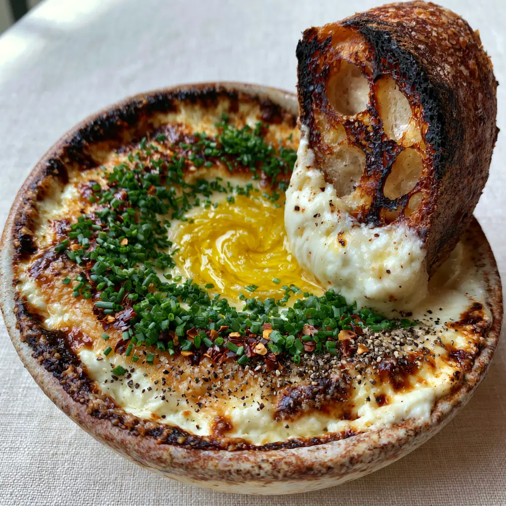 A thick slice of charred sourdough bread lifting a heavy, gooey trail of melted cheese from a garlic butter dip.