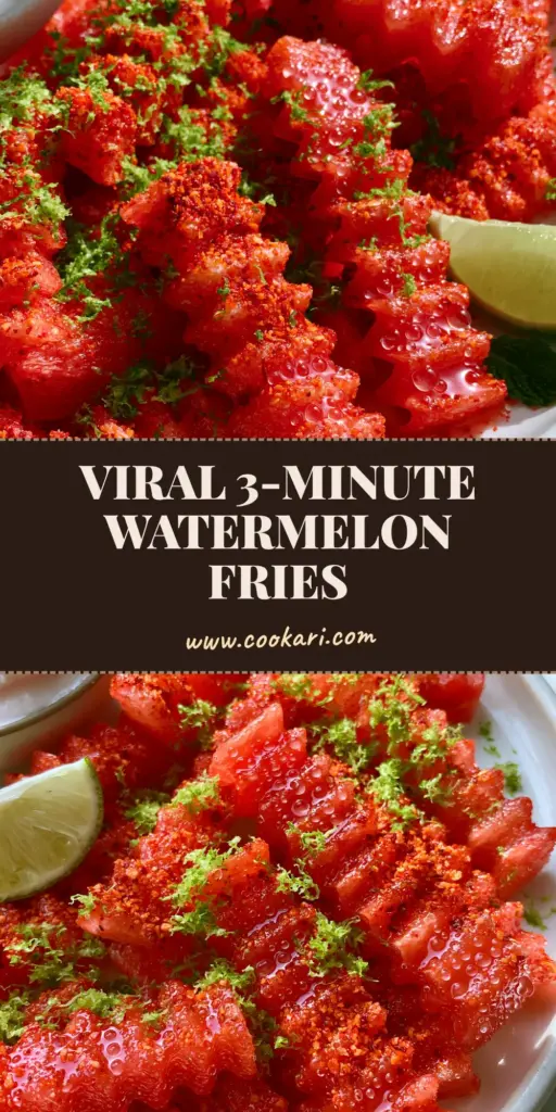 Watermelon Fries with Zesty Chili-Lime Seasoning and Chilled Coconut Yogurt 4 A pile of vibrant red crinkle-cut watermelon fries dusted with Tajin seasoning on a white plate with coconut dip. (watermelon fries)
