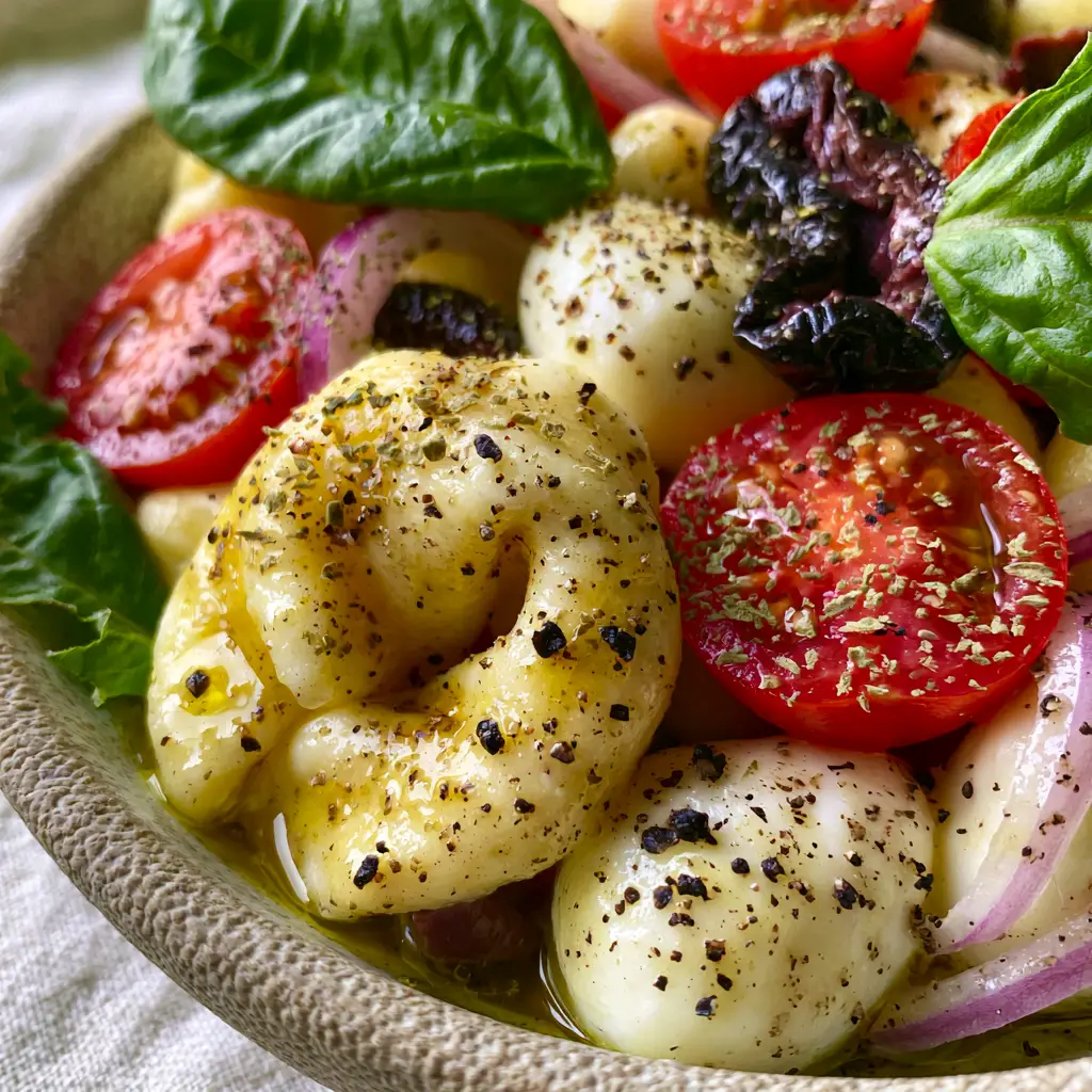 A shallow bowl of Italian Tortellini Pasta Salad showing mozzarella pearls and kalamata olives. (Italian Tortellini Pasta Salad)