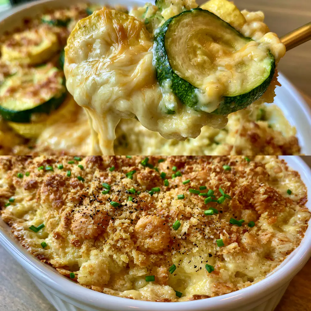 Full view of a zucchini squash casserole in a white ceramic dish with a craggy golden-brown Ritz cracker topping and chives.