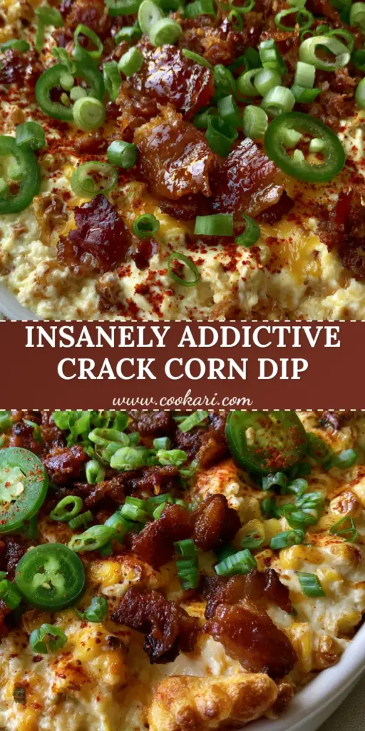 A close-up of a rustic white bowl filled with creamy crack corn dip topped with bacon, jalapeños, and paprika, surrounded by corn chips.