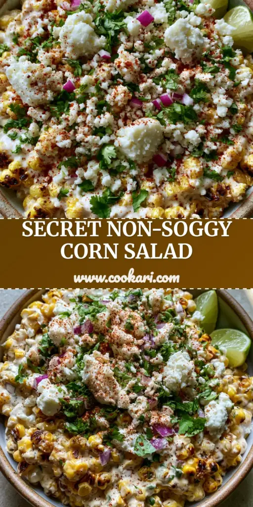 A vibrant Mexican Street Corn Salad in a ceramic bowl with charred corn and cotija cheese. (corn salad)